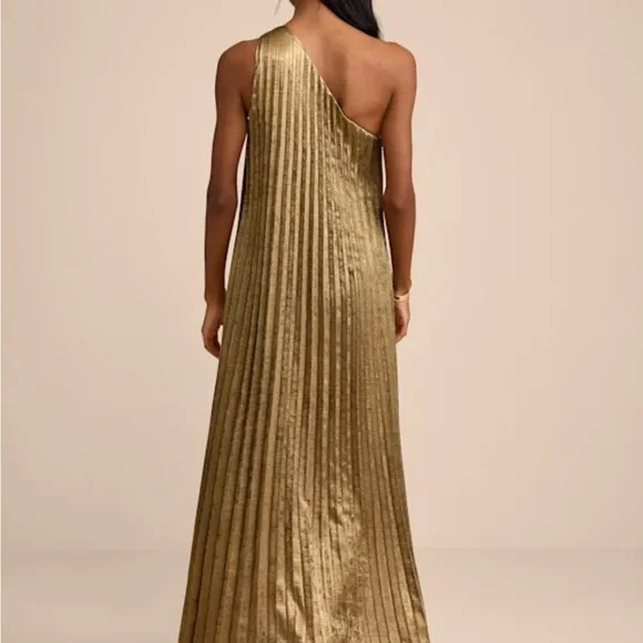 Lulus Averette Bronze Metallic Pleated One-shoulder Maxi Dress Gold Size L - Picture 3 of 10